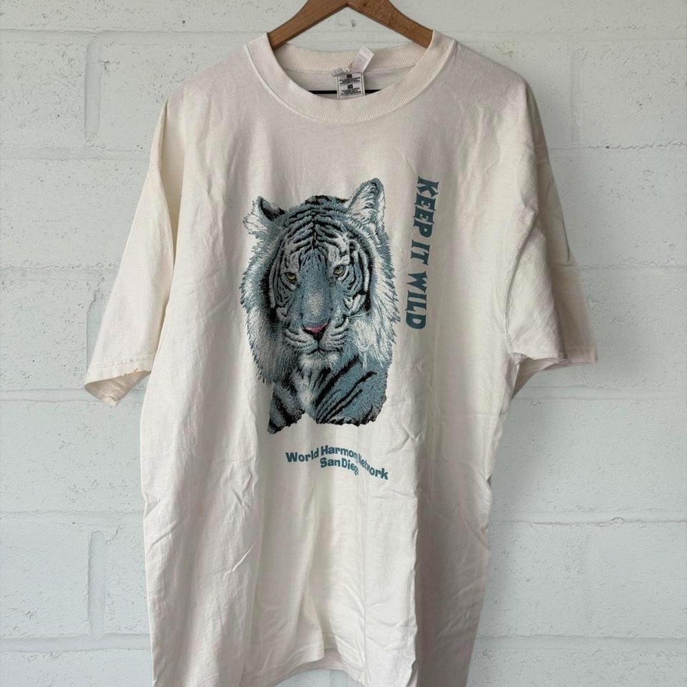 Vintage 90s Fruit of the Loom Keep It Wild Tiger T-Shirt White XL Made in USA